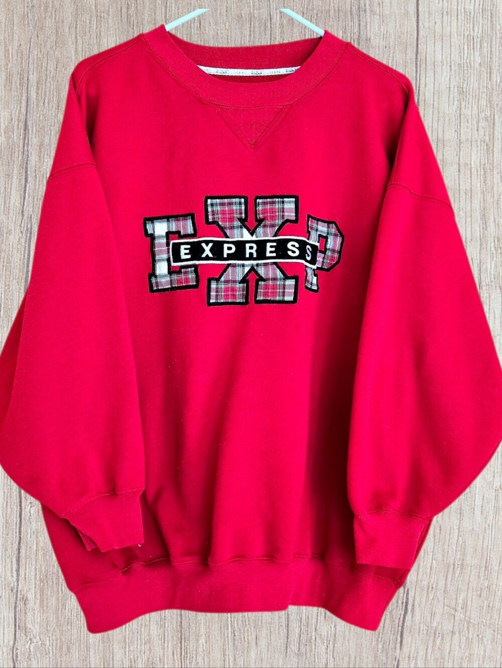 90's RED Express Sweatshirt Embroidered Tartan Plaid Logo Sz S Oversize Boxy